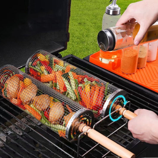Upgrade Flip-top Lid BBQ Cage Stainless Steel Rolling Grilling Basket With Wooden Handle Small+Large by bashfashion