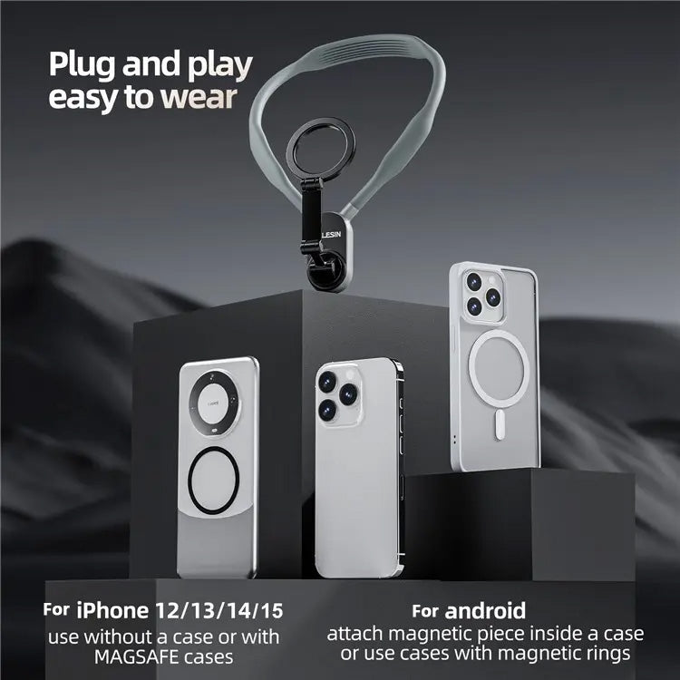 TELESIN Silicone Neck Mount Magnetic Selfie Stick Phone Neck Holder(Gray) by TELESIN