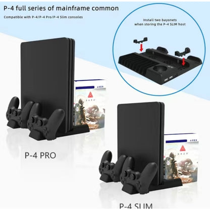 For PS4/PS4 Pro/PS4 Slim Host iplay Dual-seat Charging Multi-function Cooling Base Storage Bracket(Black) by iplay