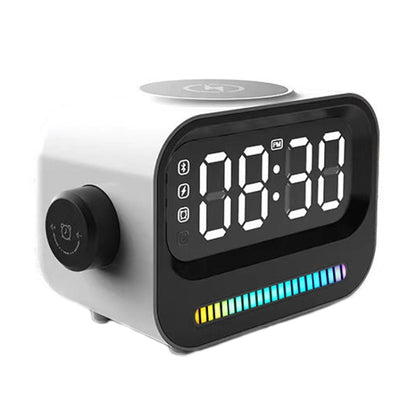 15W 3-In-1 Ambient Light Digital Display Clock Bluetooth Speaker Magnetic Wireless Charger(White) by bashfashion