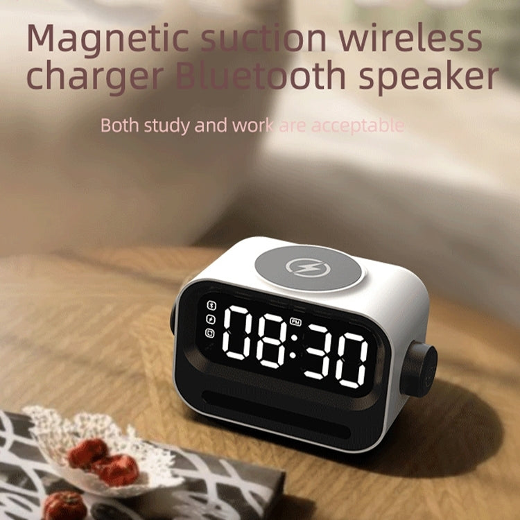 15W 3-In-1 Ambient Light Digital Display Clock Bluetooth Speaker Magnetic Wireless Charger(Black) by bashfashion