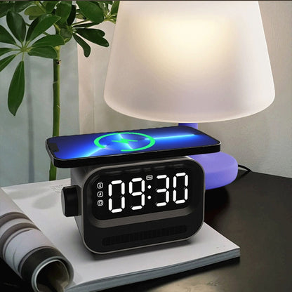 15W 3-In-1 Ambient Light Digital Display Clock Bluetooth Speaker Magnetic Wireless Charger(White) by bashfashion