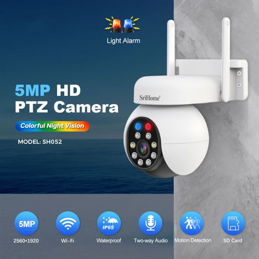 SriHome SH052 Wifi 5MP Wireless PTZ IP AI Auto Tracking Sound&Light Alarm Starlight Color Night Vision Outdoors Surveillance Camera, Plug: EU by SriHome