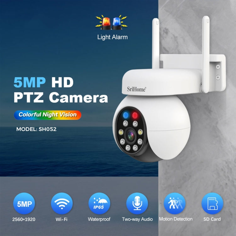 SriHome SH052 Wifi 5MP Wireless PTZ IP AI Auto Tracking Sound&Light Alarm Starlight Color Night Vision Outdoors Surveillance Camera, Plug: US by SriHome