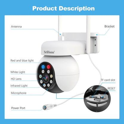 SriHome SH052 Wifi 5MP Wireless PTZ IP AI Auto Tracking Sound&Light Alarm Starlight Color Night Vision Outdoors Surveillance Camera, Plug: EU by SriHome
