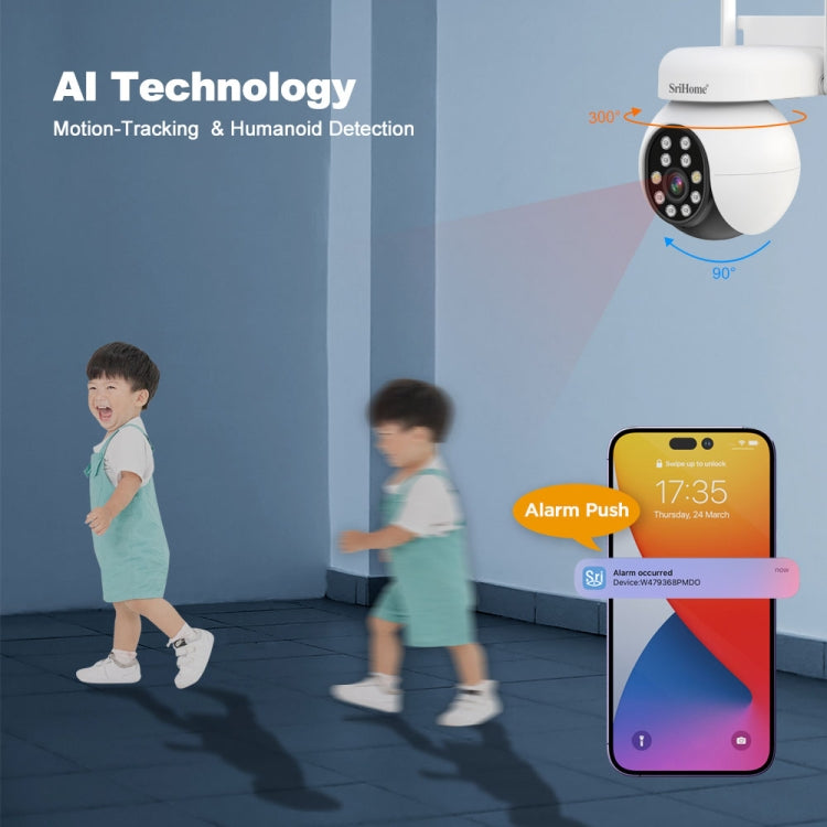 SriHome SH052 Wifi 5MP Wireless PTZ IP AI Auto Tracking Sound&Light Alarm Starlight Color Night Vision Outdoors Surveillance Camera, Plug: AU by SriHome
