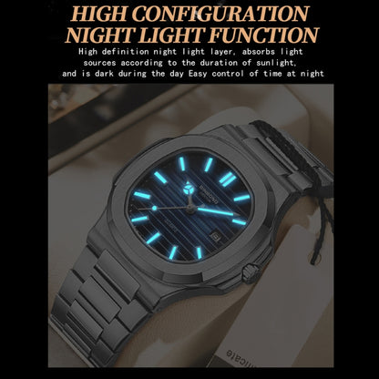 BINBOND B1885 30m Waterproof Retro Luminous Square Men Quartz Watch, Color: Black Steel-Blue-White by BINBOND