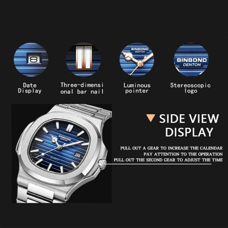BINBOND B1885 30m Waterproof Retro Luminous Square Men Quartz Watch, Color: Black Steel-Blue-White by BINBOND