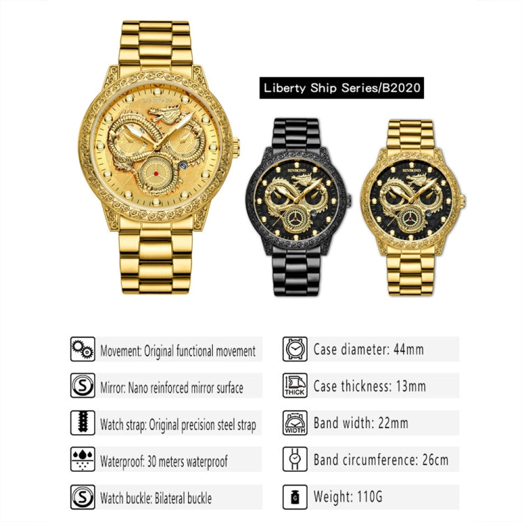BINBOND B3030 Embossed Dragon Luminous Waterproof Quartz Watch, Color: Full-gold Black by BINBOND