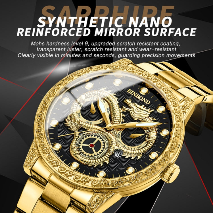 BINBOND B3030 Embossed Dragon Luminous Waterproof Quartz Watch, Color: Full-gold Black by BINBOND