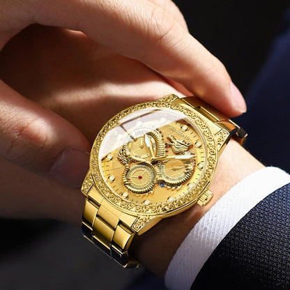 BINBOND B3030 Embossed Dragon Luminous Waterproof Quartz Watch, Color: Full-gold Black by BINBOND