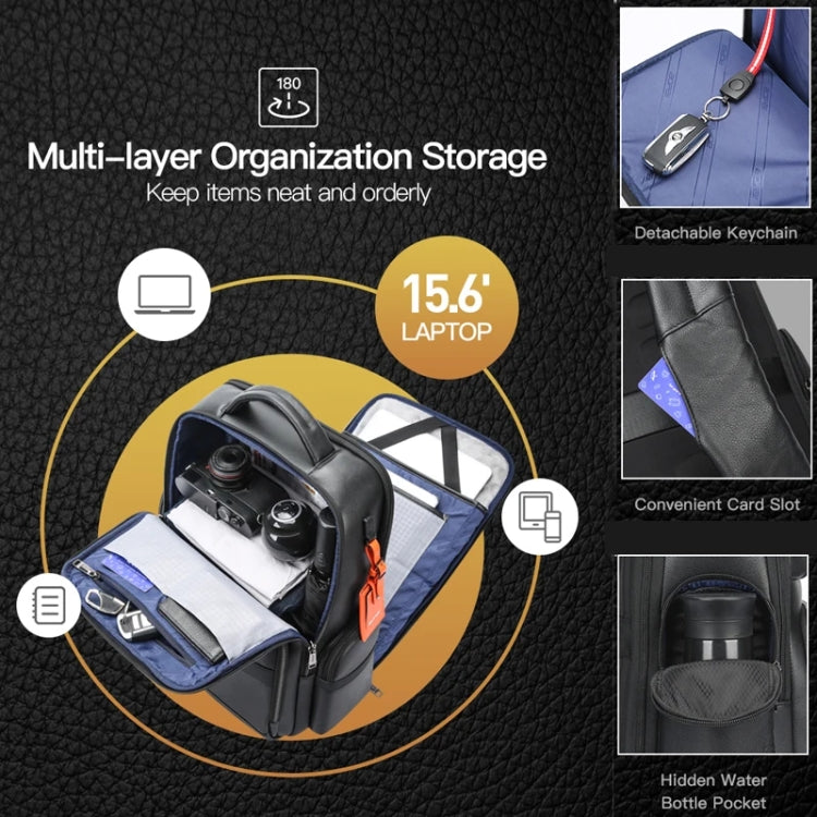 Bopai 61-17311 Large-capacity First-layer Cowhide Laptop Backpack With USB+Type-C Port(Plain) by Bopai