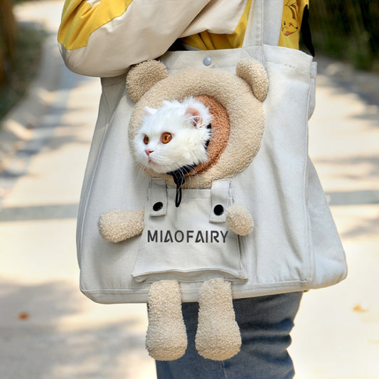 Portable Outing Cat Bag Exposed Shoulder Canvas Bag Small Dog Pet Bag(Bear Khaki) by bashfashion