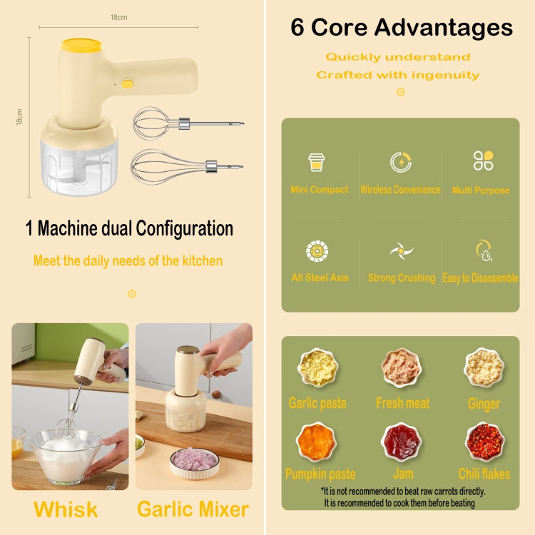 2 in 1 Portable Wireless Garlic Chopper Egg Beater Mixer Cooking Machine(Khaki) by bashfashion