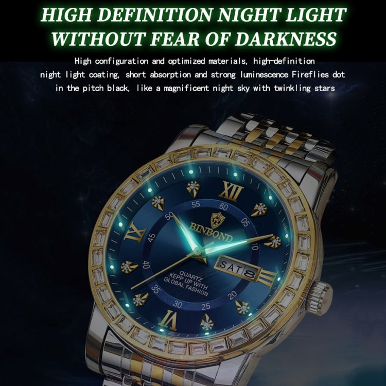 BINBOND B2202 Diamond Dual-calendar Luminous Quartz Watch, Color: Inter-gold-Blue by BINBOND