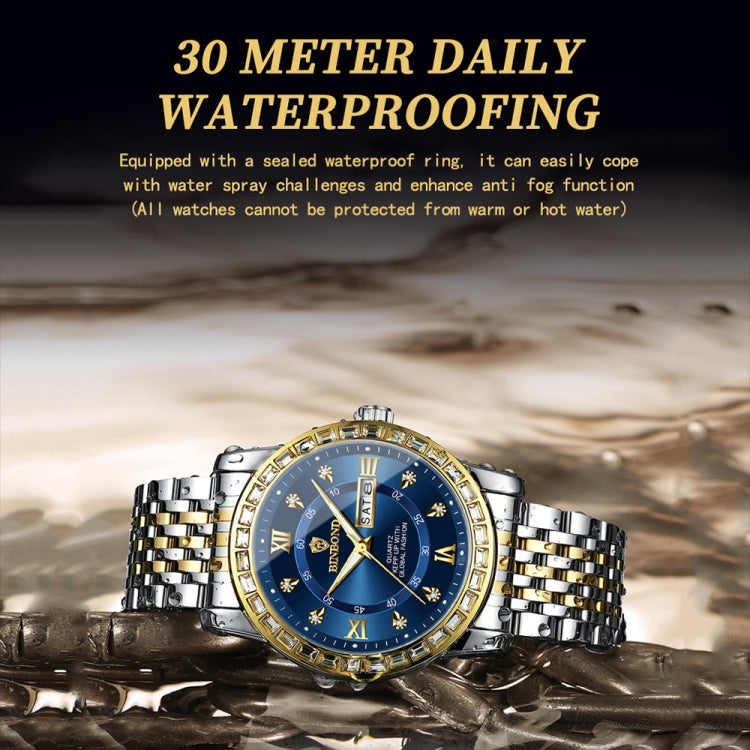 BINBOND B2202 Diamond Dual-calendar Luminous Quartz Watch, Color: Full-gold-Black by BINBOND