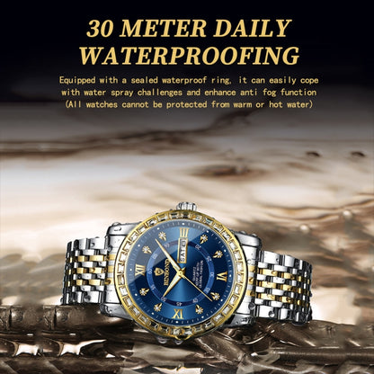 BINBOND B2202 Diamond Dual-calendar Luminous Quartz Watch, Color: Inter-gold-White by BINBOND