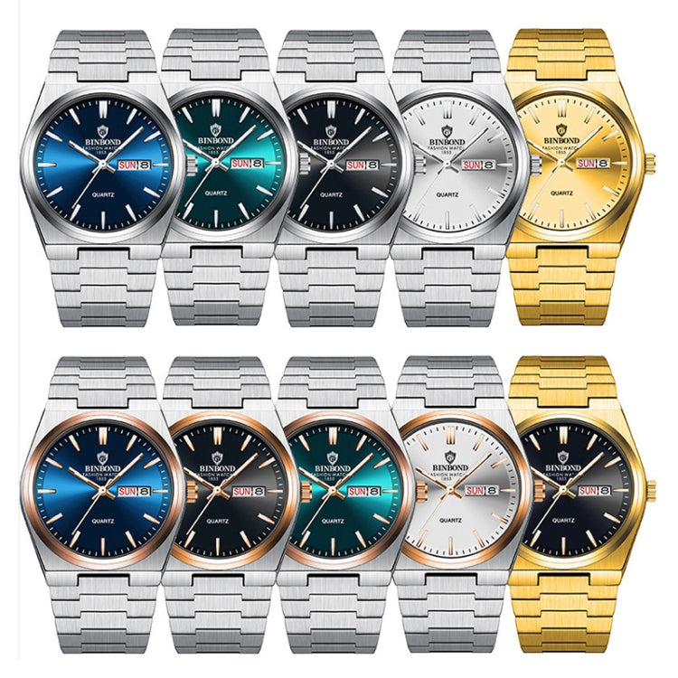 BINBOND B102 Dual-calendar Leisure Waterproof Luminous Quartz Watch, Color: White Steel-Blue by BINBOND