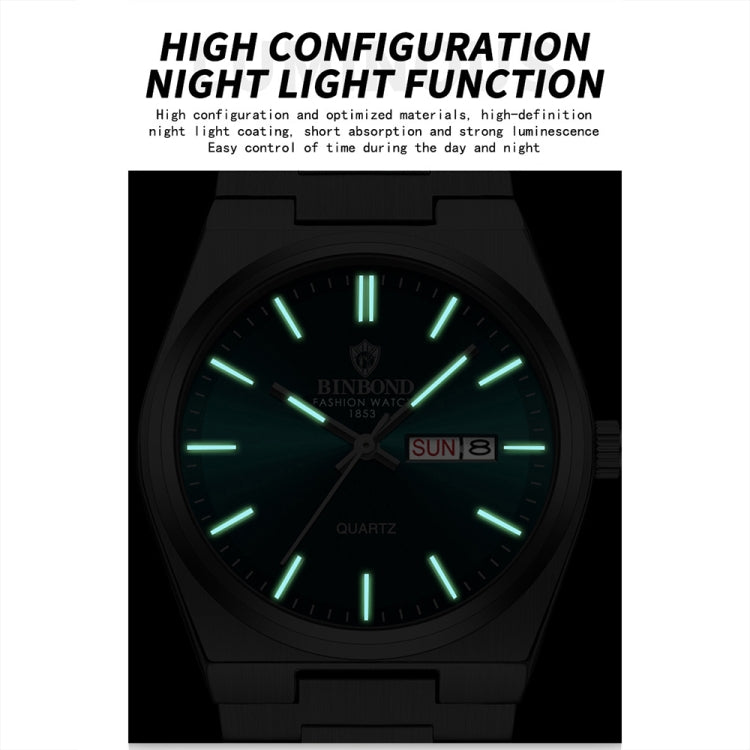 BINBOND B102 Dual-calendar Leisure Waterproof Luminous Quartz Watch, Color: White Steel-Blue by BINBOND
