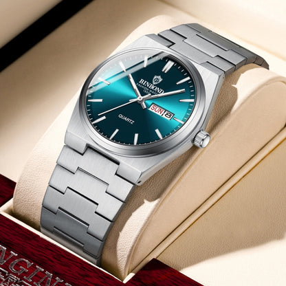 BINBOND B102 Dual-calendar Leisure Waterproof Luminous Quartz Watch, Color: White Steel-Blue by BINBOND
