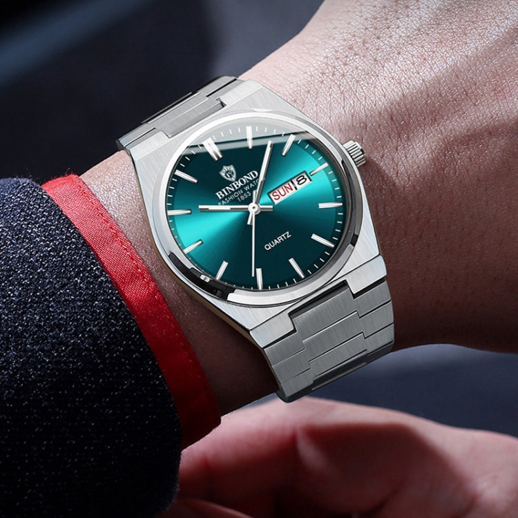 BINBOND B102 Dual-calendar Leisure Waterproof Luminous Quartz Watch, Color: White Steel-Blue by BINBOND