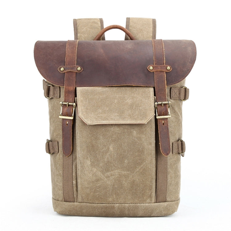 Vintage Camera Bag Waterproof Canvas Backpack with Laptop Compartment Tripod Holder(Khaki) by bashfashion