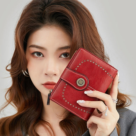 RFID Anti-theft Brush Women Wallet Multi Card Position Buckle Wallet Short Zipper Purse(Wine Red) by bashfashion