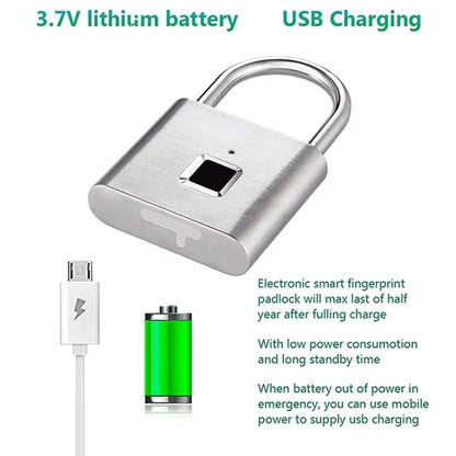 Smart Fingerprint Rechargeable Padlock Waterproof Morse Code Emergency Unlocking(Matte Silver) by bashfashion