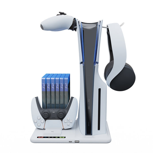 For PS5 Slim iplay Multifunctional Cooling Stand with Dual Controller Charging Station Headset Holder and 6 Game Card Storage by iplay