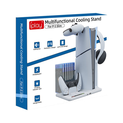 For PS5 Slim iplay Multifunctional Cooling Stand with Dual Controller Charging Station Headset Holder and 6 Game Card Storage by iplay