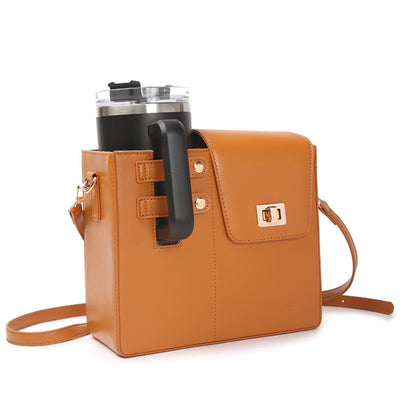 Women PU Leather Shoulder Bag Beverage Bottle Water Cup Bag For Stanley / Owala / Gatorade / Hydro Flask and Most Other Bottles(Brown) by bashfashion