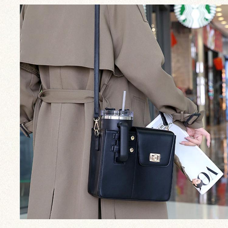 Women PU Leather Shoulder Bag Beverage Bottle Water Cup Bag For Stanley / Owala / Gatorade / Hydro Flask and Most Other Bottles(Black) by bashfashion