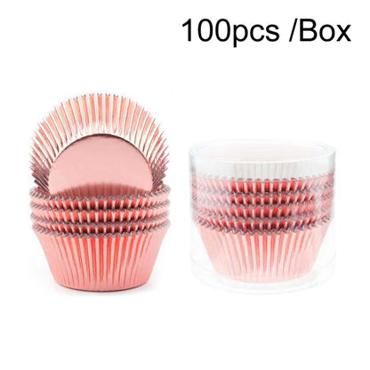 100pcs /Box Muffin Cake Paper Cups Baking Paper Tray Thickened Aluminum Foil Oil-proof Cupcake Liner(Rose Gold) by bashfashion