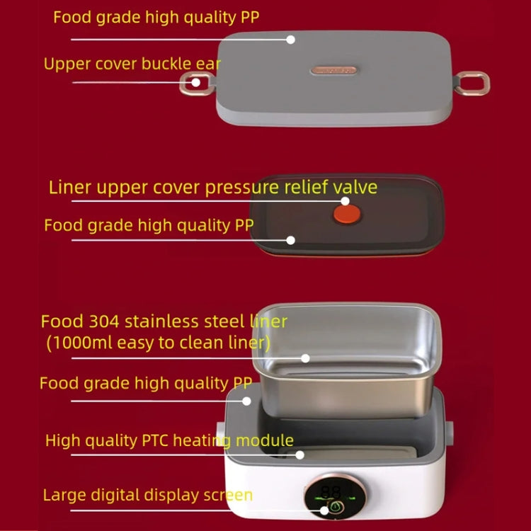 1000ml USB Rechargeable Lunch Box Wireless Heating Bento Box Timing Adjustment(White) by bashfashion