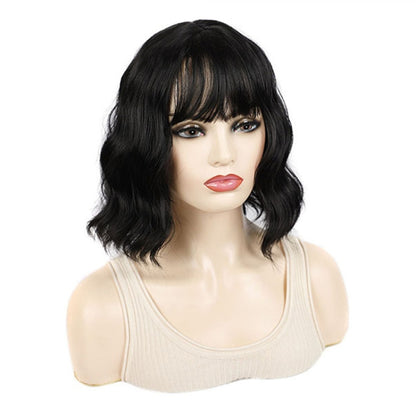 Water Wave Ripple Short Curly Hair With Bangs Fluffy Wig Headcovers, Color: Natural Black by bashfashion