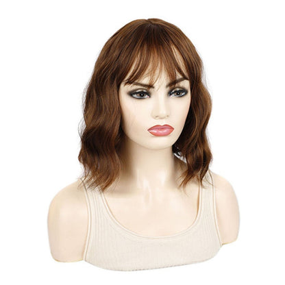 Water Wave Ripple Short Curly Hair With Bangs Fluffy Wig Headcovers, Color: Flaxen Color by bashfashion