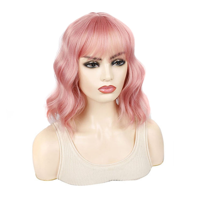 Water Wave Ripple Short Curly Hair With Bangs Fluffy Wig Headcovers, Color: Pink by bashfashion