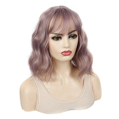 Water Wave Ripple Short Curly Hair With Bangs Fluffy Wig Headcovers, Color: Purple Candy by bashfashion
