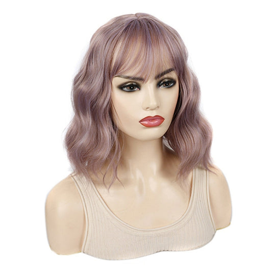 Water Wave Ripple Short Curly Hair With Bangs Fluffy Wig Headcovers, Color: Purple Candy by bashfashion