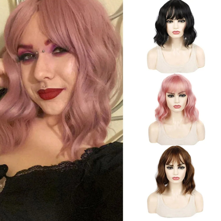 Water Wave Ripple Short Curly Hair With Bangs Fluffy Wig Headcovers, Color: Flaxen Color by bashfashion