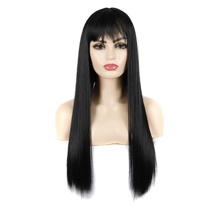 Dynamic Long Straight Hair With Messy Bangs Wig Headcover(Black) by bashfashion