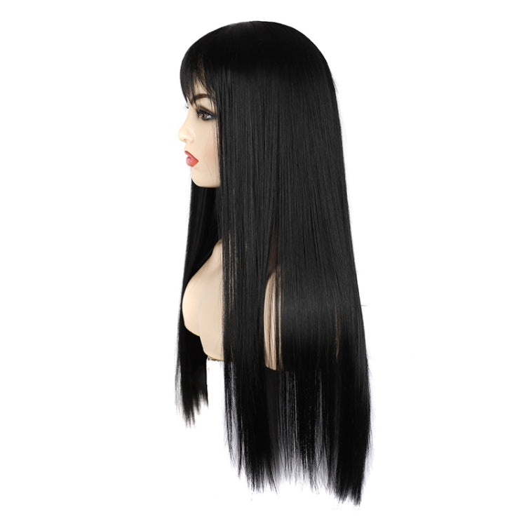 Dynamic Long Straight Hair With Messy Bangs Wig Headcover(Black) by bashfashion