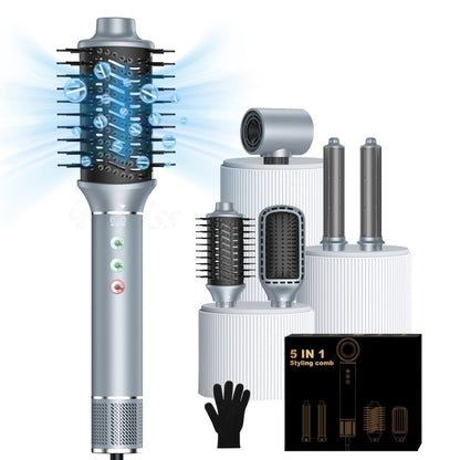 5 in 1 Hot Air Comb Automatic Curling Negative Ion Hair Dryer, Color: Gray UK Plug by bashfashion