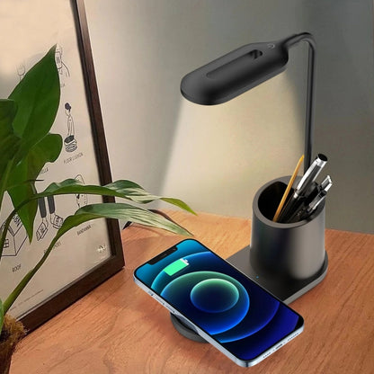 HT-513 3-in-1 15W Wireless Phone Charging Desktop Pen Holder Table Lamp(Black) by bashfashion