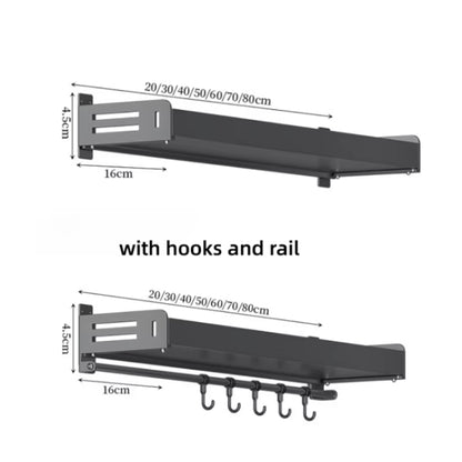 Wall Mounted Kitchen Spice Rack Carbon Steel Bathroom Storage Shelf Towel Rack 40cm With Hooks by bashfashion