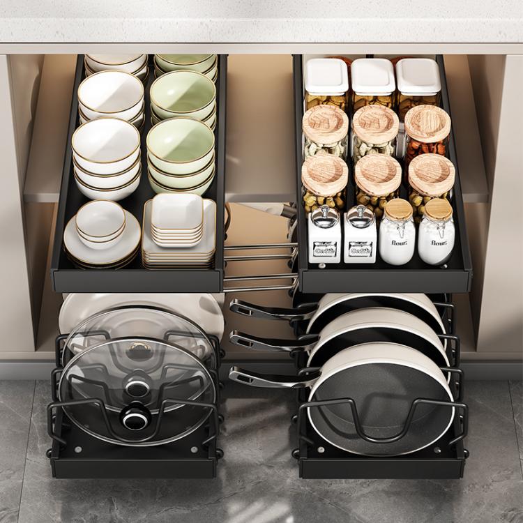 Kitchen Pull-Out Rack Pots And Pans Organizer Cabinet Countertop Dish Tray 52cm Black by bashfashion