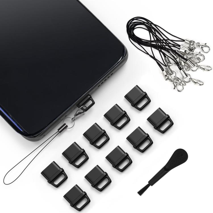 USB-C Charging Port Phone Dust Plug Lanyard Cleaning Brush Set(Black) by bashfashion