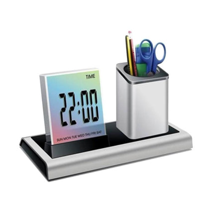 288A Multifunctional Colorful Calendar / Temperature Display LED Alarm Clock With Pen Holder(Silver) by bashfashion