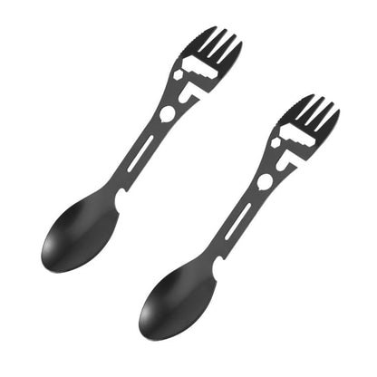 2pcs 10 In 1 Outdoor Camping Picnic Multifunctional Portable Fork and Spoon Tool(Black) by bashfashion