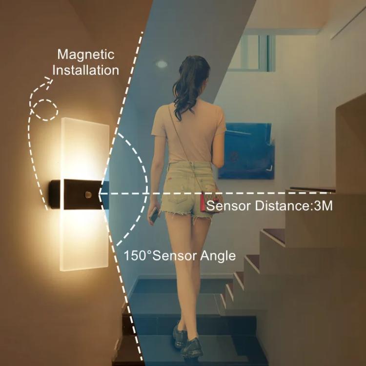 Magnetic Acrylic Smart Induction Night Light Rechargeable Wall Lamp Bedroom Bedside Lamp White Rectangular Warm Light by bashfashion